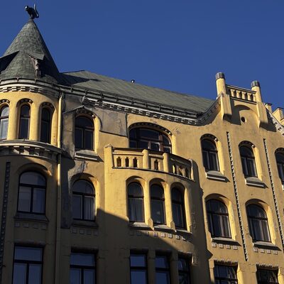 The corner turret of the Cat House from below, Riga, Latvia