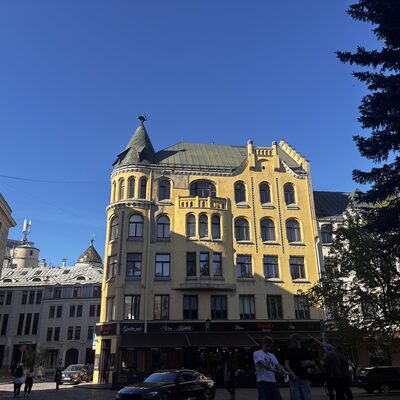 The Cat House on a spring afternoon, with the café on the ground floor, Riga, Latvia