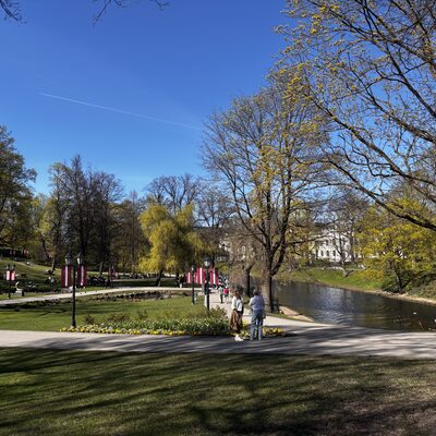The canal in Bastejkalns park behind the Freedom Monument, Riga, Latvia
