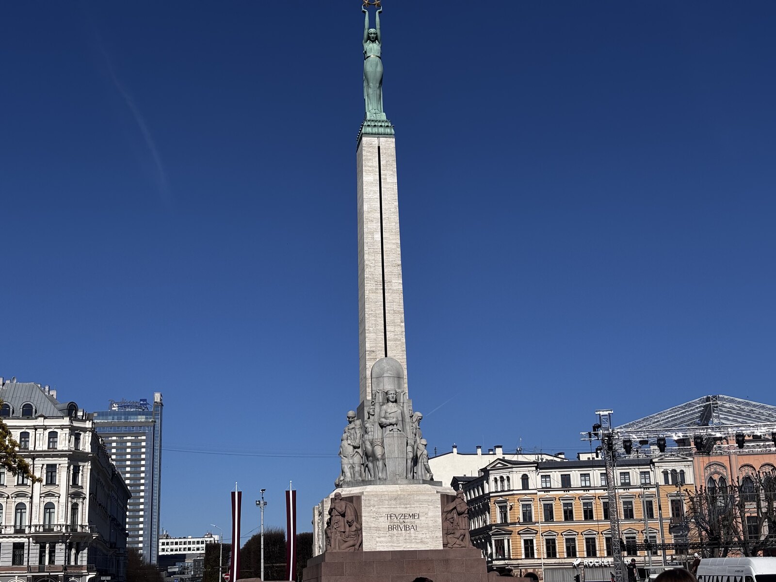 The Freedom Monument in Riga with Milda holding three gold stars at the top, Latvia