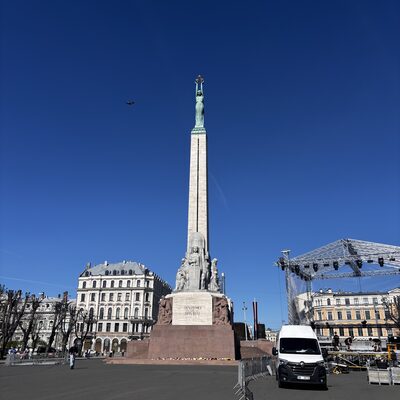 A wide view of Freedom Monument square in spring, Riga, Latvia