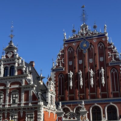 The twin gables of the Blackheads and Schwabe House, Riga, Latvia