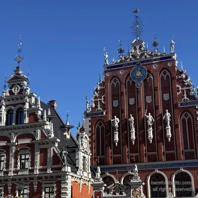 The twin gables of the Blackheads and Schwabe House, Riga, Latvia