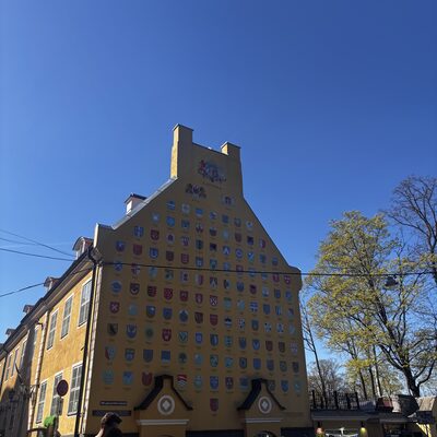 The Latvian War Museum gable with coats of arms, Riga, Latvia