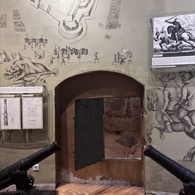 Medieval cannons and a plan of Riga's defences in the War Museum, Latvia