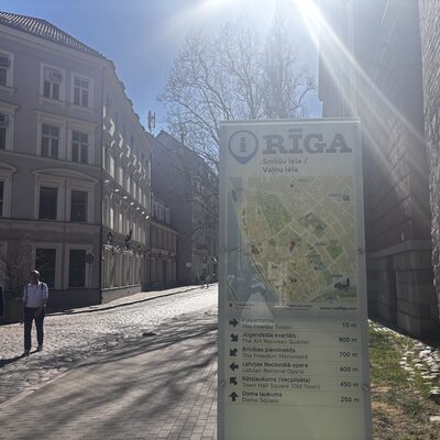 Smilšu iela tourist info sign showing Powder Tower 10 metres ahead, Riga, Latvia