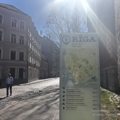 Smilšu iela tourist info sign showing Powder Tower 10 metres ahead, Riga, Latvia