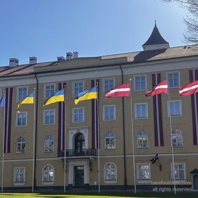Eastern wing of Riga Castle with Latvian and Ukrainian flags, Riga, Latvia