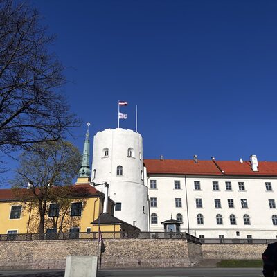 Riga Castle from the south side with Presidential flagpoles, Riga, Latvia