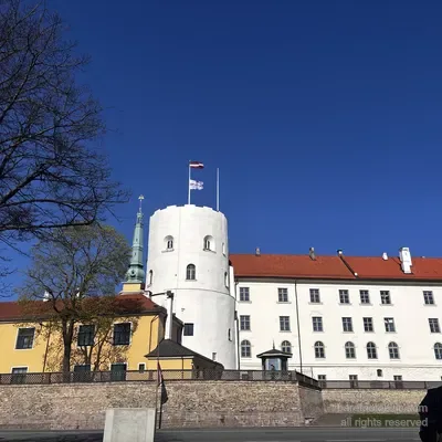 Riga Castle from the south side with Presidential flagpoles, Riga, Latvia