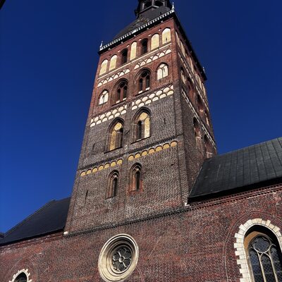 The upper section of the cathedral tower in Riga, Latvia