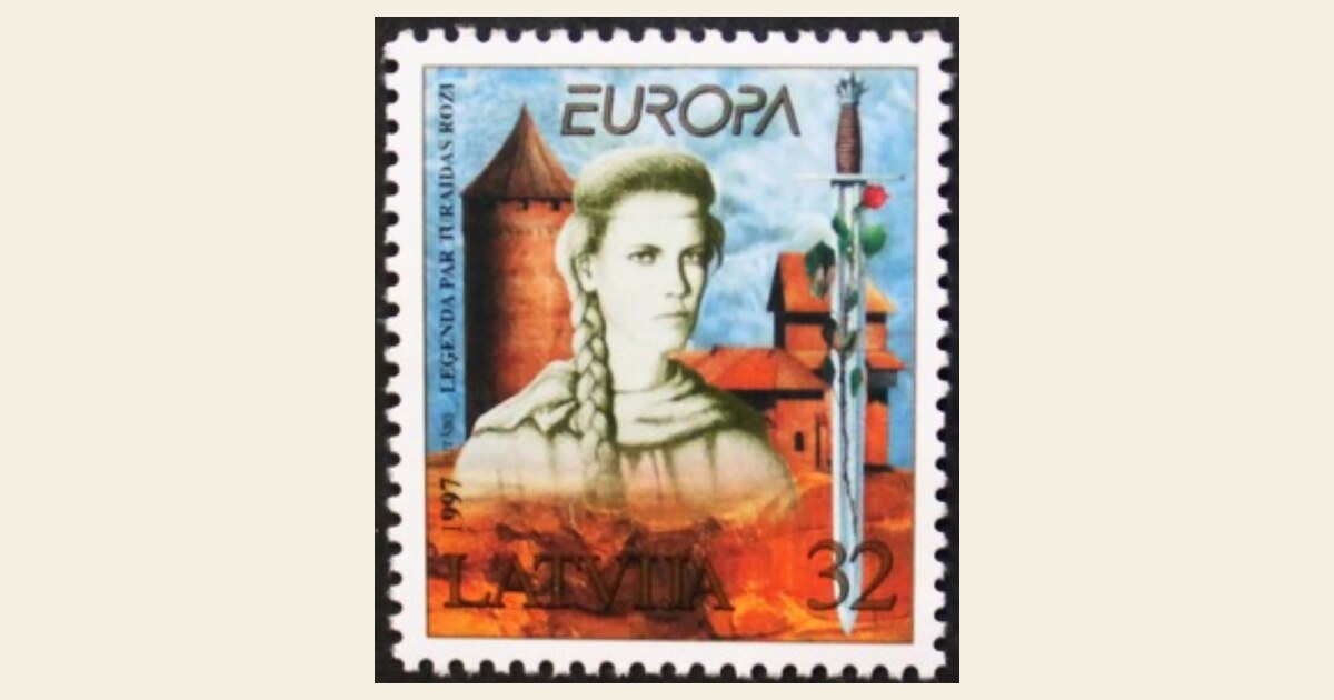 1997. aasta Läti EUROPA postmark — Turaida roosi legend — kujundaja Juris Utāns