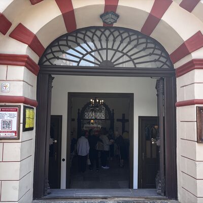 The red-and-white baroque entrance portal of St James's Cathedral, Riga, Latvia