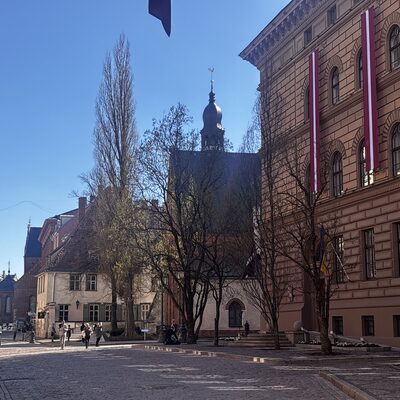 St James's Cathedral seen from Jēkaba iela with the Saeima parliament beside it, Riga, Latvia