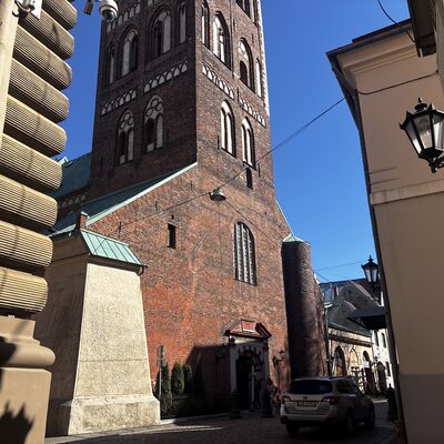 The St James's Cathedral tower from a side alley, brick detail, Riga, Latvia