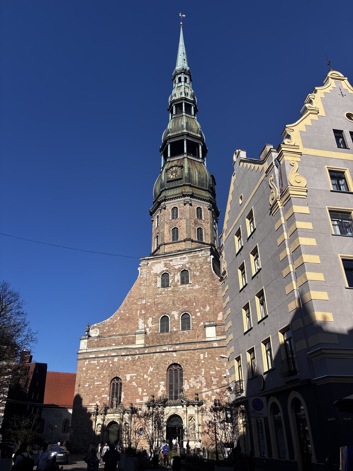 St Peter's Church with its 123-metre green spire above Riga Old Town, Latvia