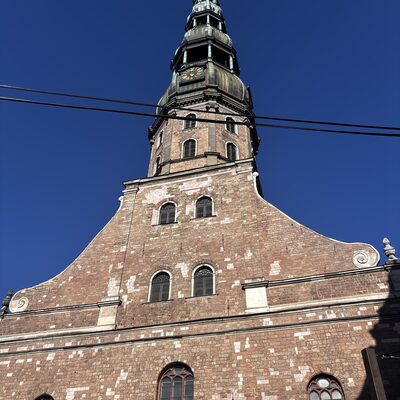The St Peter's tower from directly below, Riga, Latvia