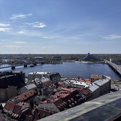 The view from St Peter's tower over the Daugava and the National Library, Riga, Latvia