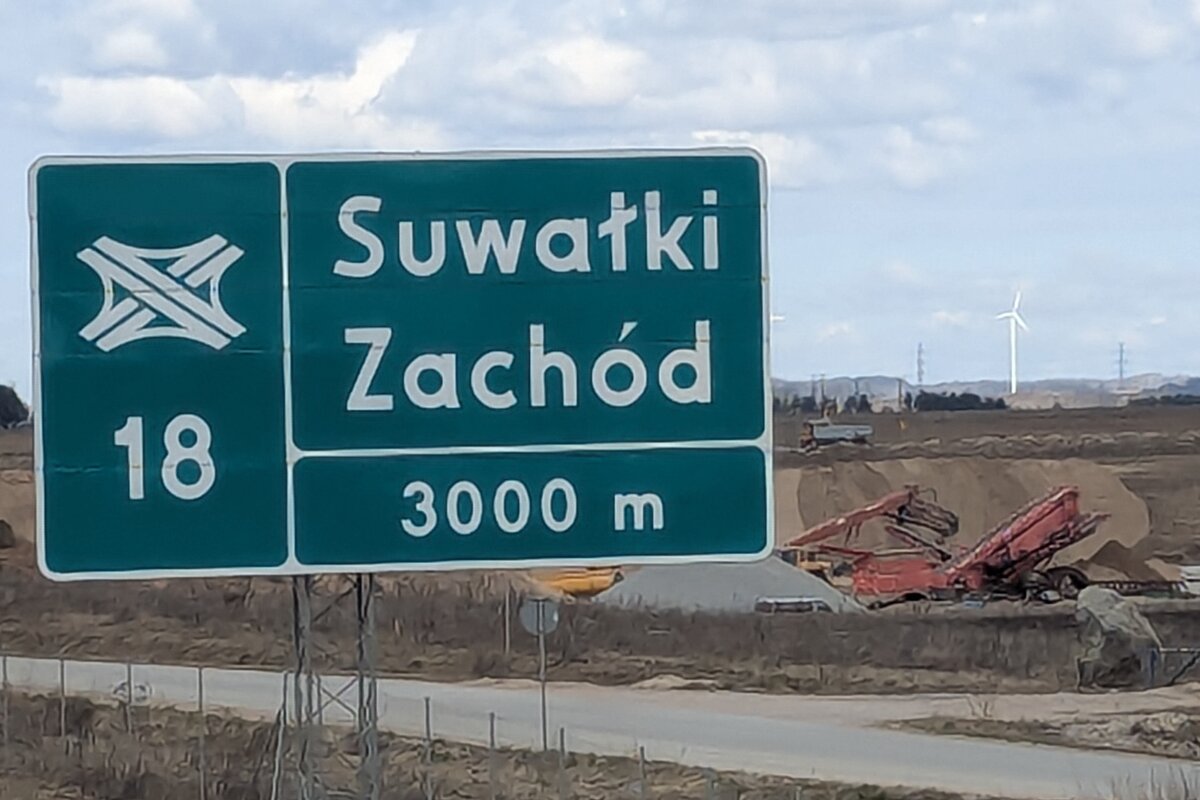 Suwałki Zachód exit sign on the S61 expressway through the Suwałki Gap, north-east Poland.