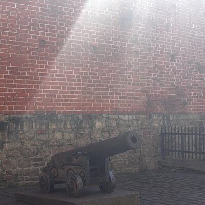 Medieval city wall with cannon, near the Swedish Gate, Riga, Latvia