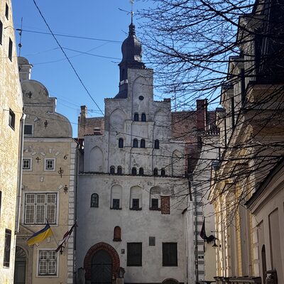 The Three Brothers from the end of Mazā Pils iela with St James's spire behind, Riga, Latvia
