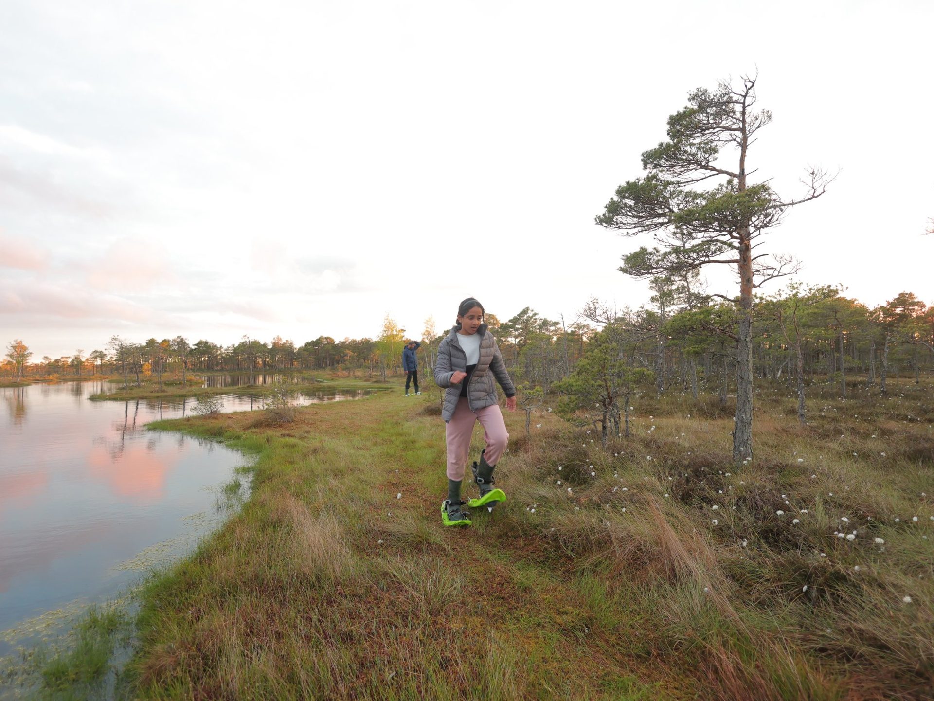 A small group of guests in bog shoes pausing at the edge of a Ķemeri bog pool with Daiga