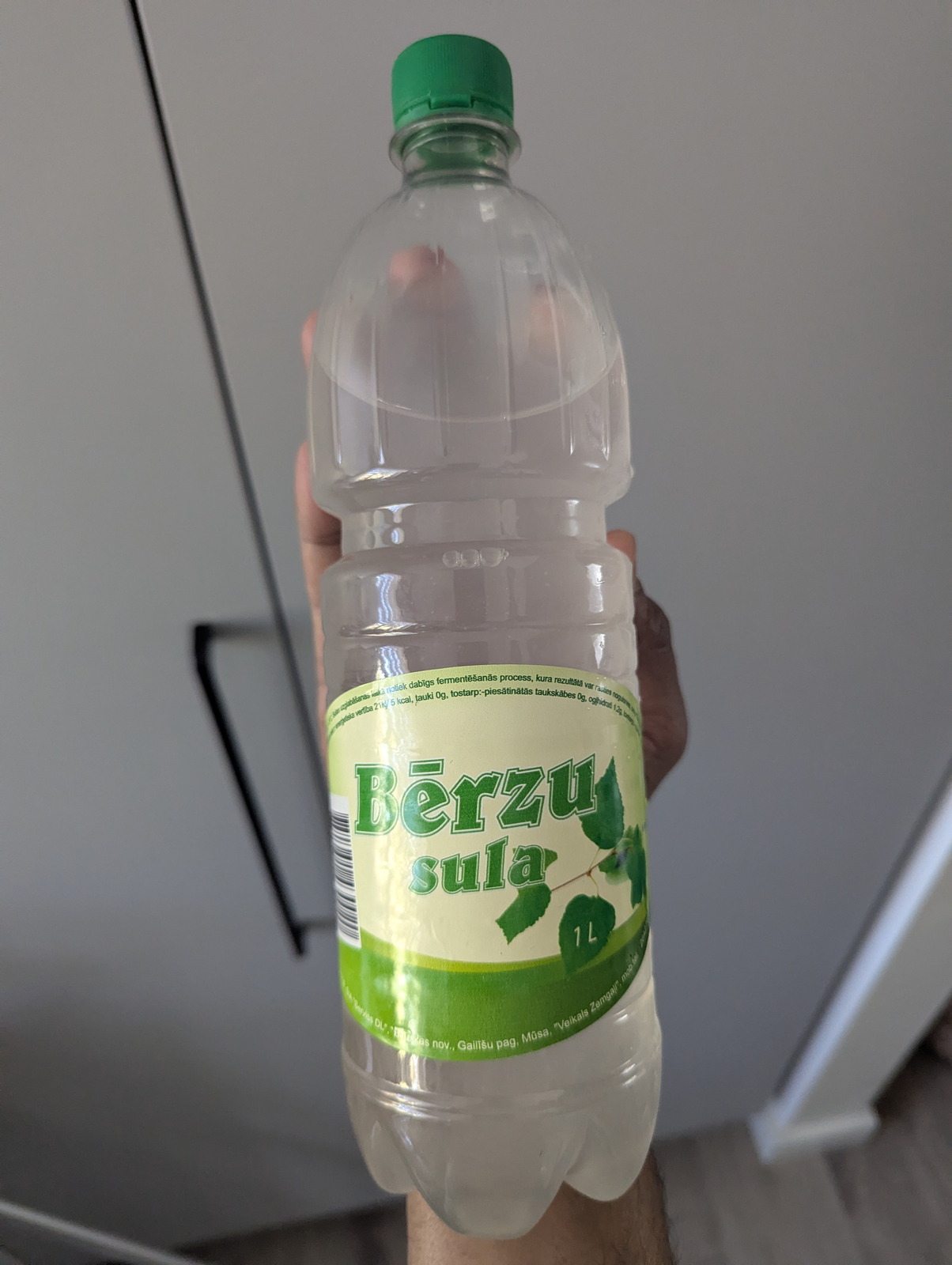 A 1-litre PET bottle of Bērzu sula (Latvian birch sap) with a green leaf-pattern label, held up against a kitchen wall