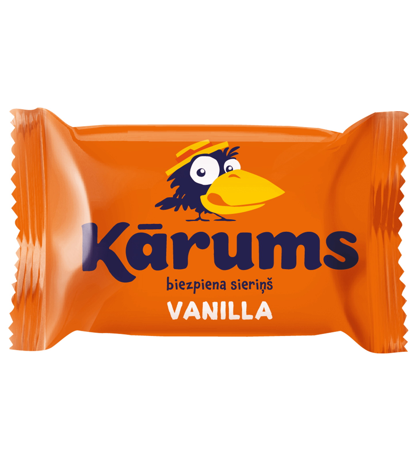 Kārums biezpiena sieriņš vanilla, the Latvian unchocolated curd cheese bar in its orange wrapper with the cartoon crow logo
