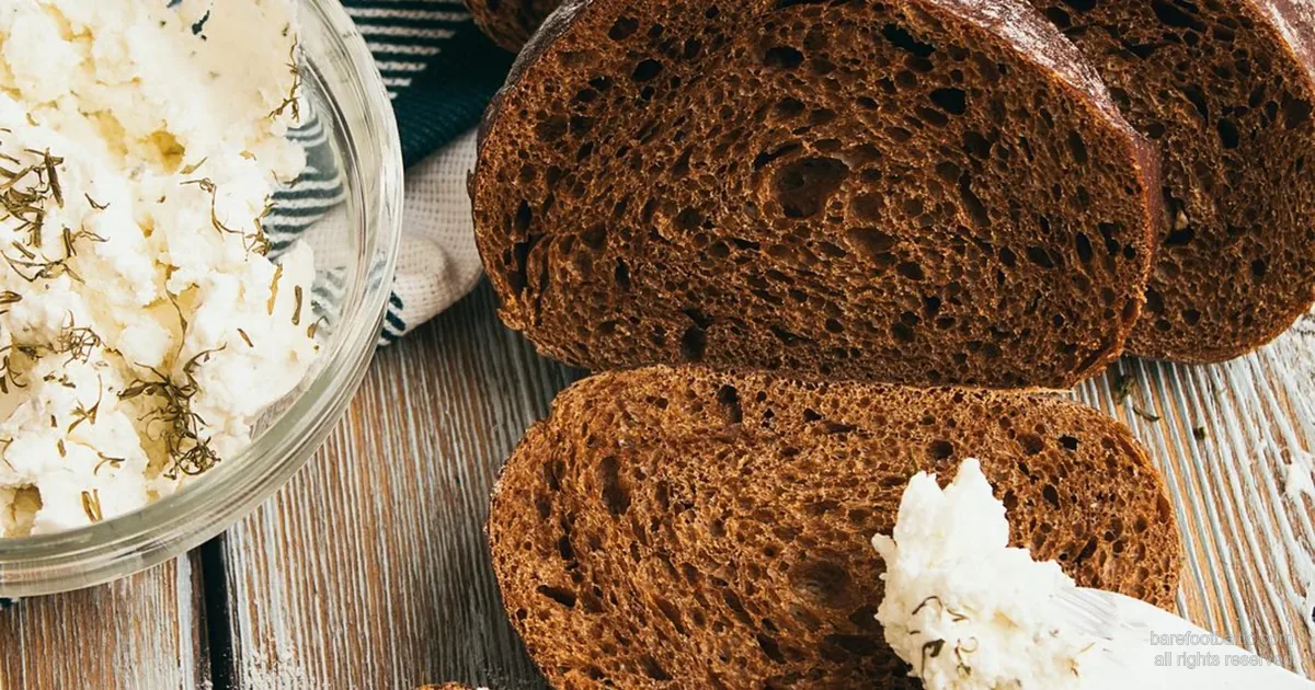 Latvian rupjmaize (rye bread) with biezpiens (cottage cheese) — staples of the Latvian table.